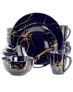 Elama Fine Marble 16 Piece Porcelain Dinnerware Set in Dark Blue with Gold Veining